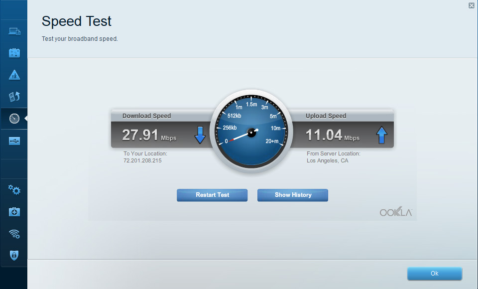 e. Na página inicial do Linksys Smart Wi-Fi, clique em Speed Test. Use esse utilitário para testar as velocidades de acesso à Internet. O exemplo mostra os resultados do teste de velocidade.