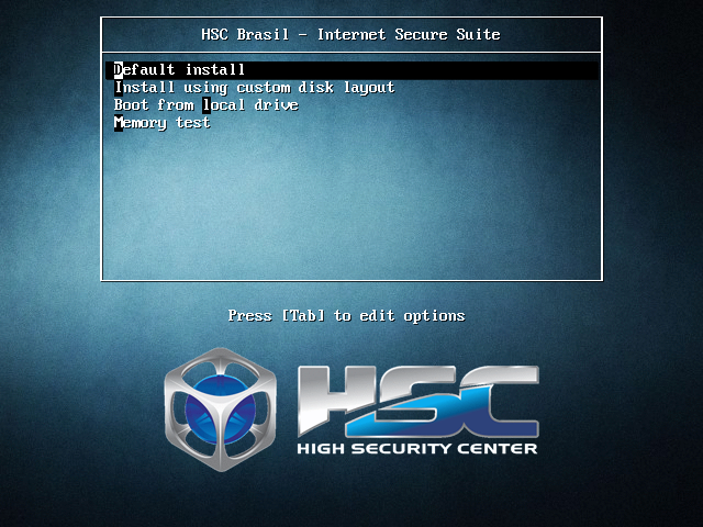 Default install - Inicia a instalação do HSC OS com o seguinte esquema de particionamento: A partição de swap é definida em 4 (quatro) gibabytes A partição raiz (/) é definida em 20 (vinte) gigabytes