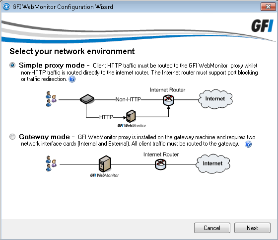 Screenshot 2: Assistente de configuração do GFI WebMonitor - modo Proxy simples 13. Selecione Simple proxy mode (modo Proxy simples) como seu ambiente de rede e clique em Next (Avançar). 14.