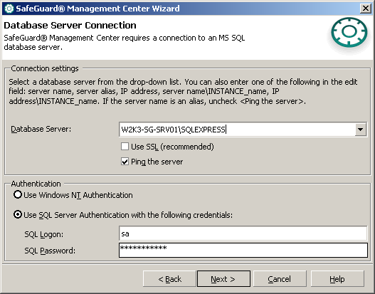 3.13.1. Na próxima tela (Database Server Connection), o SafeGuard Management Center Wizard solicitará algumas informações.