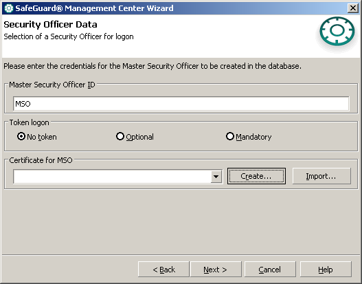 3.13.3. A próxima tela do SafeGuard Management Center Wizard (Security Officer Data), requer o preenchimento das informações do usuário administrador do SafeGuard Management Center (MSO). 3.13.3.1. No campo Master Security Officer ID, Informe MSO, conforme figura acima.