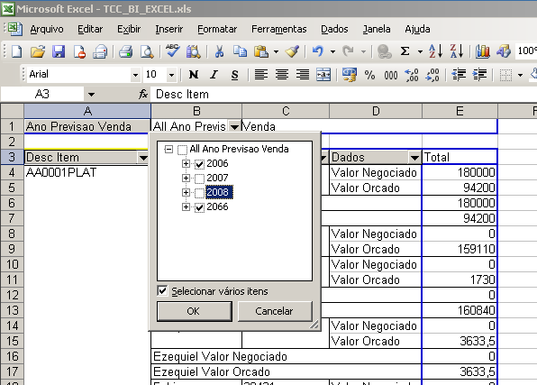 56 As Tabelas julgadas necessárias para a montagem da View, que após foi utilizada como Tabela Fato no Esquema Estrela, e que agora, depois de importado pelo Excel, apresentam as diversas formas na