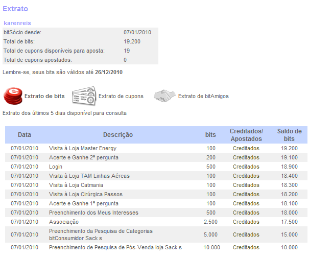 comércio eletrônico. Figura 10: Área restrita a bitsócio extrato de bits (www.ebit.com.br).