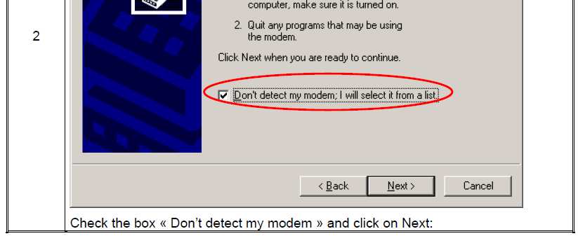 janela seguinte, selecionar não detectar o modem,