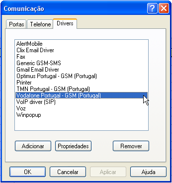 Verifique de que a opção "com modem GSM" está marcada. Procure o driver desejado na lista (aqui "Vodafone - GSM"). Valide em OK. O novo driver aparece na lista e já pode ser usado para enviar SMS.