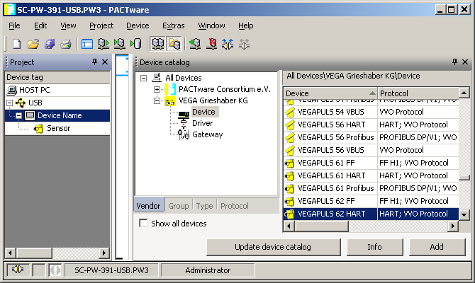 4 Configuração com o PACTware dos os componentes envolvidos são encontrados automaticamente e inseridos no projeto.