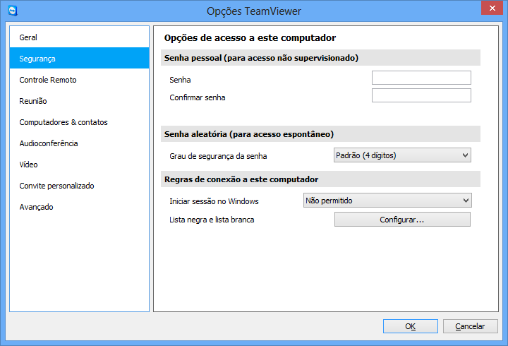 Opções 13.2 Categoria Segurança Na categoria Segurança, você pode configurar todas as configurações relacionadas à segurança. Configurações de segurança.