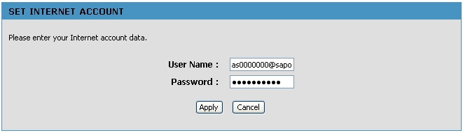 Para configurar a ligação de Internet, clique no botão Internet Setup para aceder ao menu Set Internet Account.