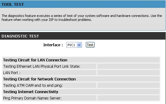 Manutenção Testes O menu Diagnostic Test deverá ser utilizado para testar as ligações do router.