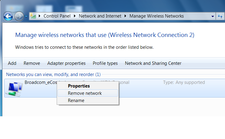 Apêncide 4: Remover uma Rede Sem Fio do seu Computador / Apêndice 5: Declaração de Segurança 3. Clique na conexão sem fio e selecione Remove network (Remover rede).