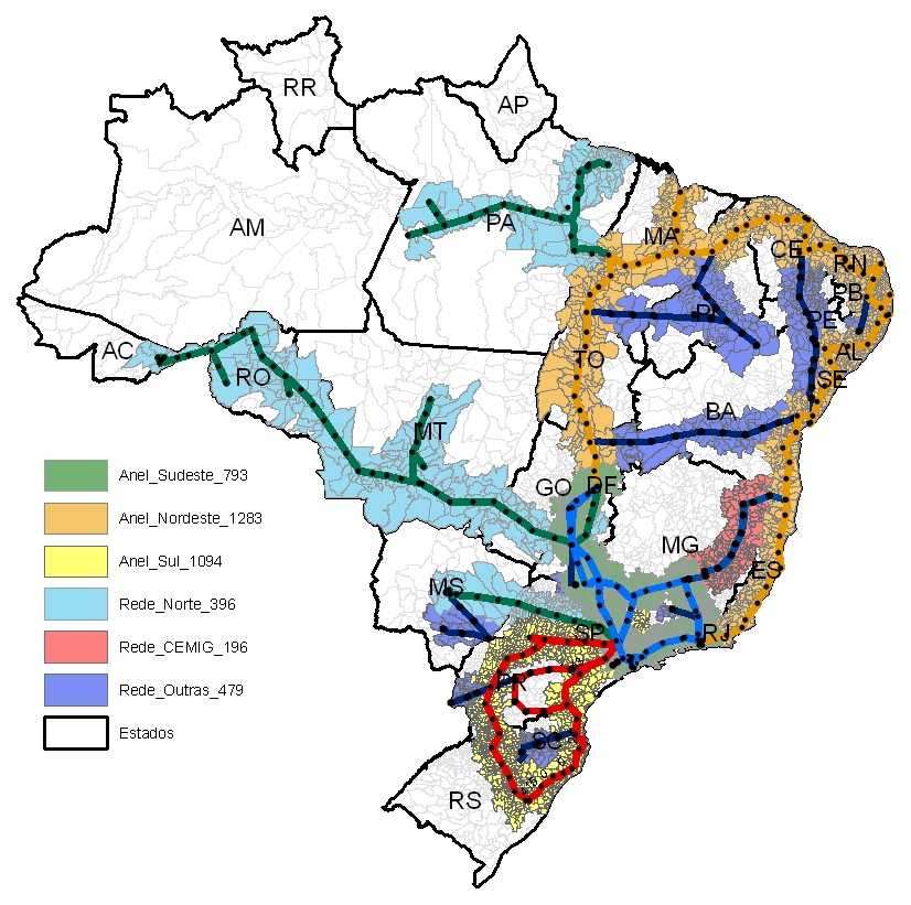 7 Figura 1 - Backbone Óptico A partir do backbone óptico foram considerados os municípios cujas sedes distam até 50 km e 100 km dos PoPs (Pontos de Presença), como potenciais locais de