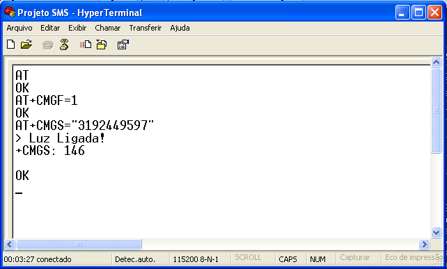 Na figura 5.7 será demonstrado no programa Hyperterminal como enviar uma mensagem SMS a partir de um computador. 81 Figura 5.7 Comandos para enviar um SMS. Fonte: Própria.