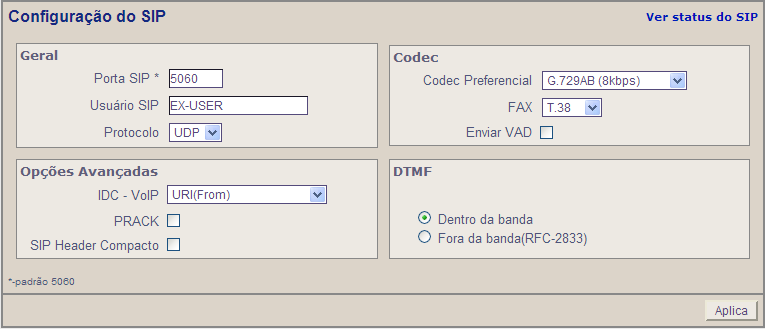 Capítulo 3 Configuração via WEB Browser 3.2.1. Configuração do SIP 3.2.1.1. Habilitar SIP (Configurações Gerais) Habilitar SIP: Habilita/Desabilita o protocolo SIP para chamadas VoIP.