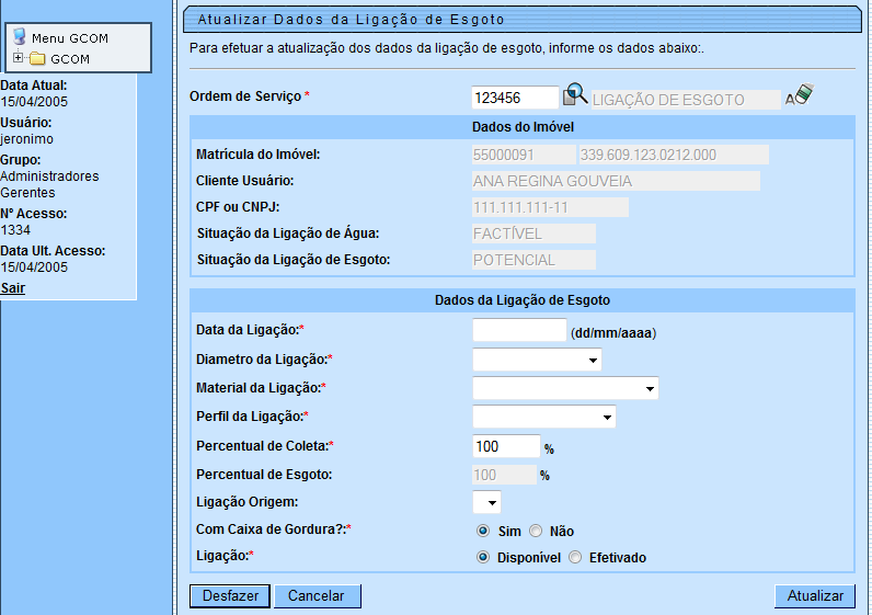 Tela 02 Atualizar Dados da Ligação de Esgoto