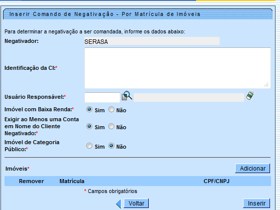 Tela 04 Inserir Comando Por Matrícula de Imóveis Tela