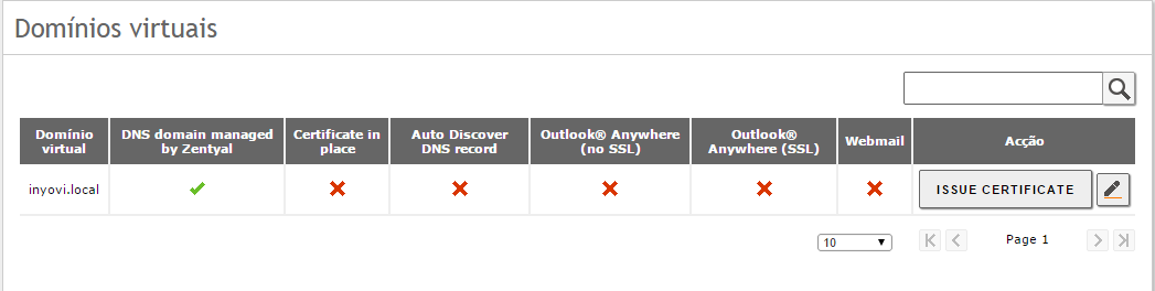 Criamos o Domínio Virtual Clicamos em Issue Certificate e depois editamos para ativar o webmail.