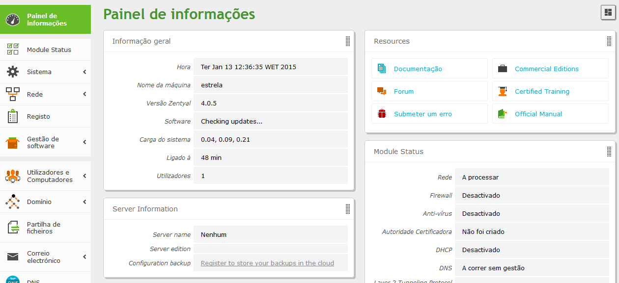 Configuração do Zentyal Depois de iniciada a sessão no Zentyal podemos ver a seguinte imagem no