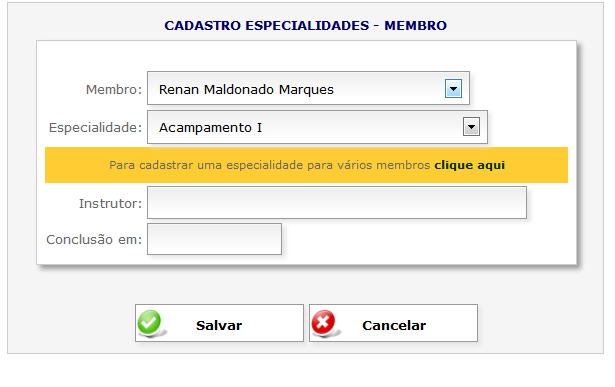 10.5 Sub-Módulo Especialidades Acessando a opção SECRETARIA >> Especialidades você poderá visualizar as especialidades de cada membro (basta clica na opção Ver de cada membro) e assim acessar todo