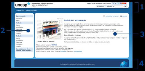 3.2. Estrutura Páginas internas 1. Topo Esta área será a mesma utilizada na página inicial. 2. Lateral Somente deverá ser exibida a lateral esquerda nas páginas internas.