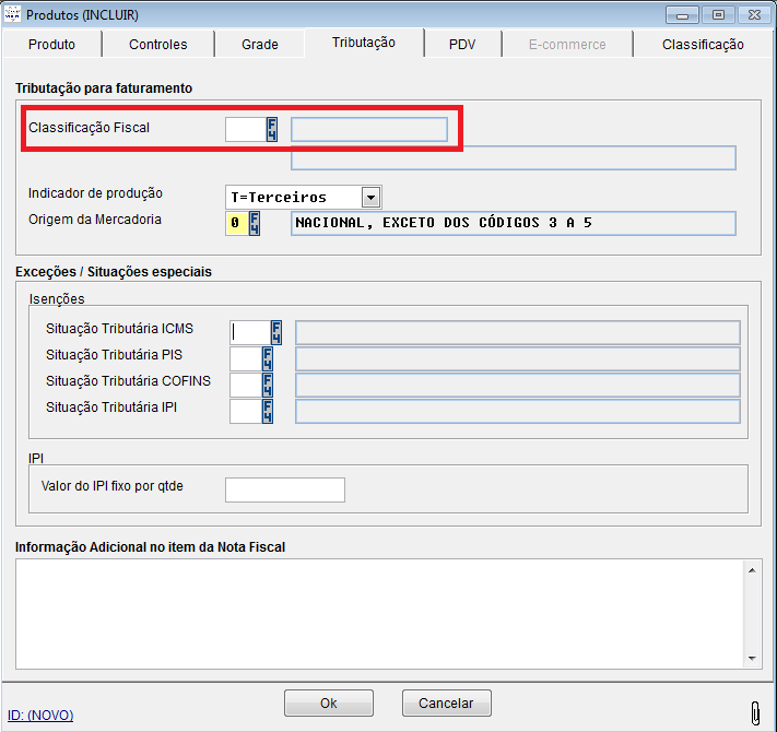 Na aba Tributação, preencha o campo Classificação Fiscal com o código do NCM correspondente, pelo botão F4 você pode visualizar as opções já cadastradas