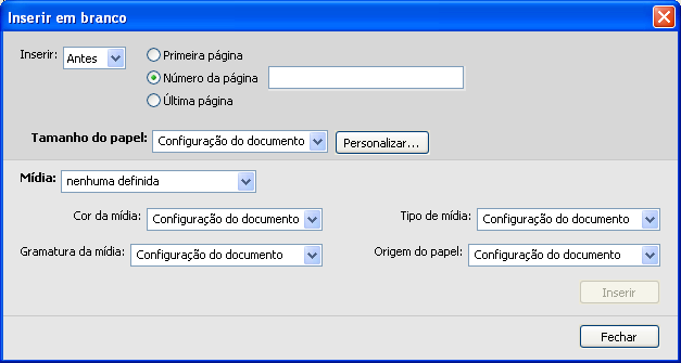 COMMAND WORKSTATION 24 PARA INSERIR PÁGINAS EM BRANCO 1 Clique em Inserir nova na caixa de diálogo Mídia mista. A caixa de diálogo Inserir em branco é exibida.