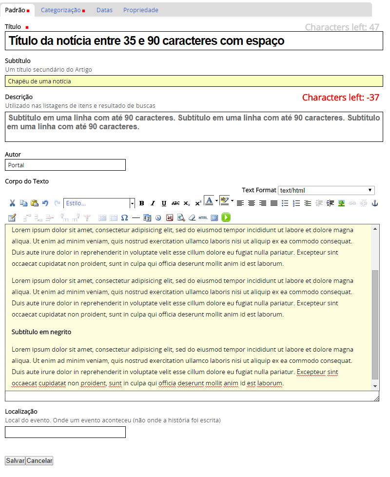 Na caixa do item Corpo do Texto, o sistema apresenta para o usuário uma barra de ferramenta para facilitar