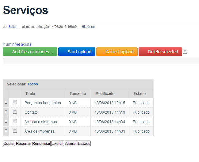 A barra de serviços é editada a partir da pasta Serviços, localizada em http://portalpadrao.gov.br/servicos/folder_contents Esta pasta deve ser alimentada com links.