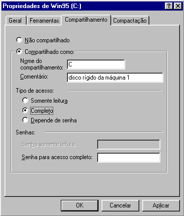 Mude a opção de Não compartilhado para Compartilhado como. No campo Nome do Compartilhamento dê o nome que identificará o compartilhamento na rede.