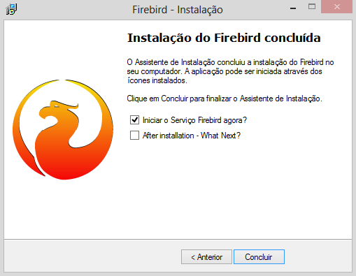 Imagem 13: Opções adicionais firebird e Super Classic Após esse passo basta fazer a instalação e por final após ter terminado, deixa a opção de iniciar o serviço marcado e a after installation