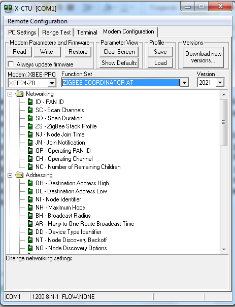 escolher no Function Set a finalidade a que se destinará o ZigBee na rede, como end device, router ou coordinator e o modo de operação, que neste caso, é no modo transparente AT.