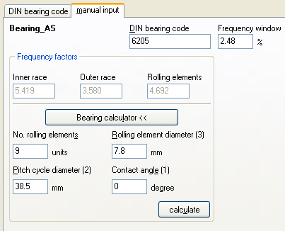 Se o elemento de rolamento requerido não pode ser encontrado no banco de dados, você pode digitar o descrição do rolamento, os fatores de frequência e o raio de pesquisa manualmente. ( imagem).