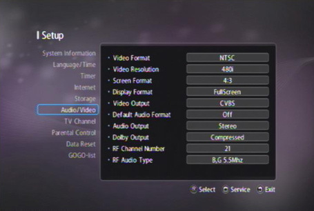 Você deve configurar as definições de áudio e de vídeo adequado para a televisão e outros equipamento. Selecione Configurações> Áudio / Vídeo no menu. Você deve ver um tela como na imagem acima.
