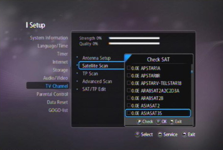 Modo para mover a posição do satélite. Ir para Selecione a 0 - Ir para a 0 e pressione OK no modo de comando para mover a antena para a posição 0.