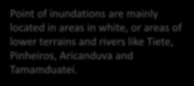 inundations are mainly located in areas in white, or areas of lower terrains