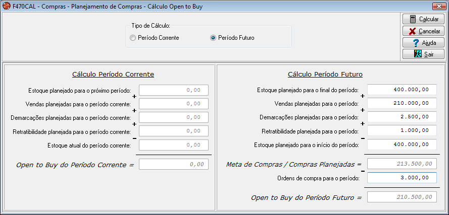 79 de possíveis ordens de compra programadas com os fornecedores para o período. A Figura 30 apresenta a tela de Cálculo do Open to Buy para um período futuro.