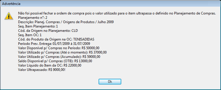 93 Figura 48 Exemplo de falta de saldo financeiro para o produto planejado Na Figura 49, é apresentado um exemplo de bloqueio de fechamento de ordem de compra quando ultrapassado o saldo físico de um