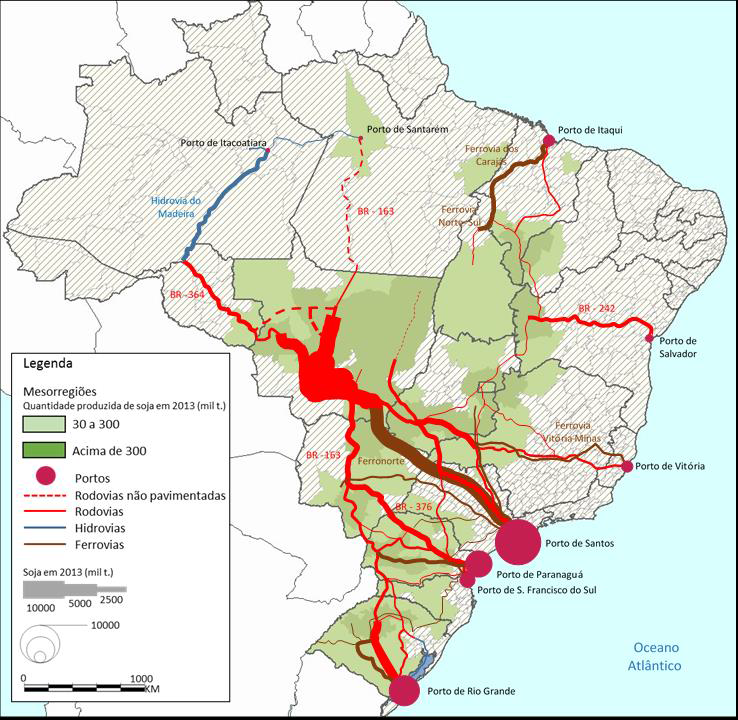 Mapa 1 Área produtiva e rotas de exportação de soja em grão, Brasil, 2013 Fonte: PAM/IBGE, 2014; Aliceweb/MDIC, 2014; PNLT, 2011 O Mapa 1, ao mesmo tempo que ilustra os principais desafios para a