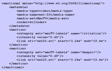 Trata-se da descrição de emoções contidas em trechos de um determinado vídeo. No elemento metadata, encontram-se especificadas informações sobre a mídia.