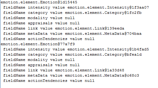 O segundo comando for, também, percorre todos os elementos do documento, mas a lista é constituída de objetos EmotionML. A saída dessa lista pode ser vista na Figura 10.