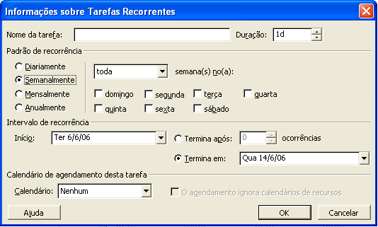 - CRIANDO TAREFAS RECORRENTES No desenvolvimento de um projeto pode ser que existam tarefas que se repetem regularmente, como por exemplo, reuniões semanais.