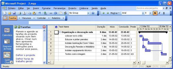 Fases do projecto: Definição Planeamento (tempo, custo, trabalho) agendar as tarefas interligar as tarefas definir recursos, custos e horários afectar recursos às tarefas respeitar o orçamento