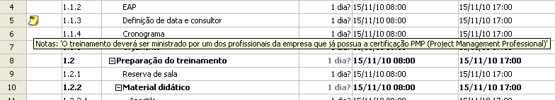 Quando inserirmos alguma informação no campo Notas, aparecerá o mesmo desenho presente na barra de ferramentas, na coluna Indicadores. Isso significa que aquele item apresenta alguma anotação.