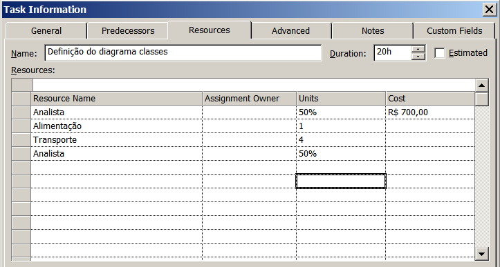 Figura 20 Associar os recursos do projeto à suas tarefas Com bases nestas informações o Ms-project pode calcular o custo de cada tarefa.