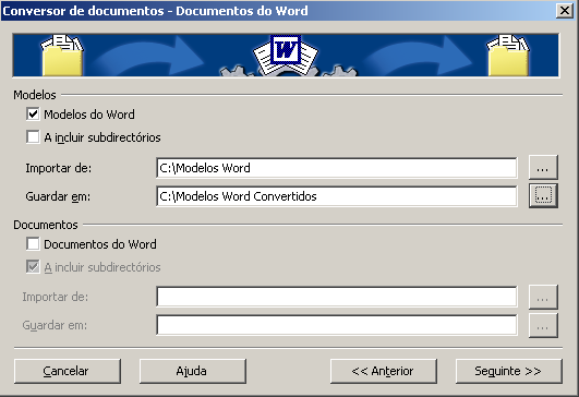 Figura 3 Pastas para conversão dos modelos Word e para gravação dos modelos OpenOffice resultantes Desmarque a opção Documentos do Word.