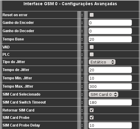 Configuração GSM Submenu Adv Menu de configurações avançadas das interfaces GSM0 e GSM1. Reset on error Ao habilitar esse campo, o dispositivo irá reiniciar o módulo GSM no caso de falha no módulo.