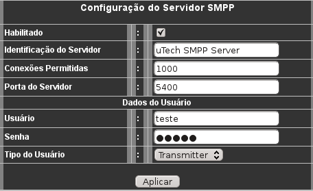 Configuração do Servidor SMPP Submenu SMPP Neste menu é configurado o servidor SMPP, utilizado para realizar campanhas SMS via protocolo SMPP. Habilitado Habilita o servidor de SMPP.
