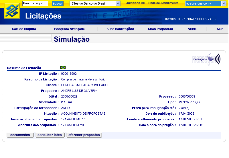 Em seguida, clica em oferecer proposta. Obs.: O conteúdo dessa figura (exceto a opção oferecer propostas) será também observado ao se pesquisar editais e anexos, por meio do botão documentos.