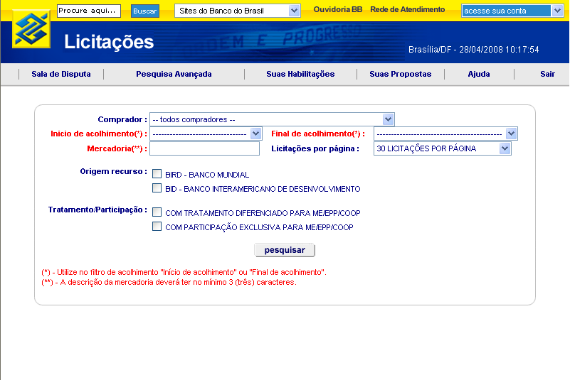 Acesso Identificado O fornecedor credenciado que deseja participar de licitações, acessa o Sistema por meio do Acesso Identificado e informa sua chave e senha, conforme indicado.