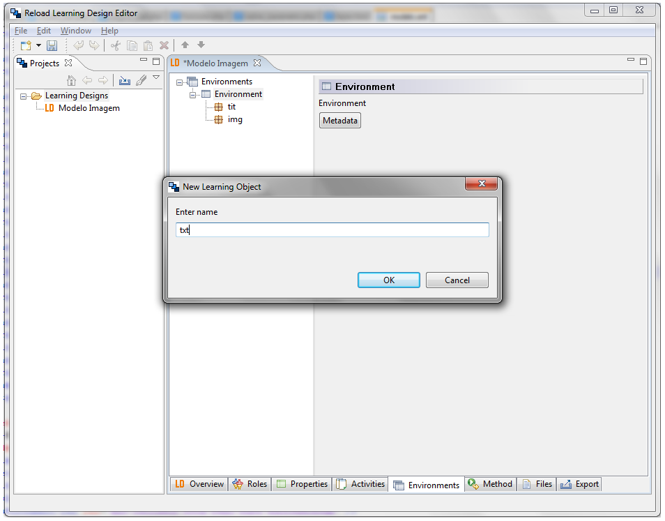 Já a Figura 26 demonstra a adição de novos tipos de itens ao modelo, também utilizando a ferramenta RELOAD Learning Design Editor.