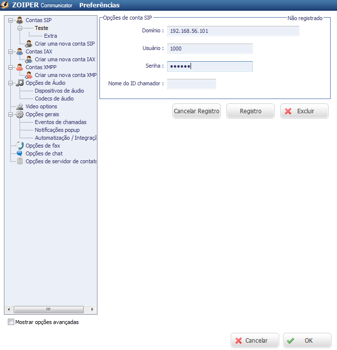 nome a conta figura 4.32. Figura 4.32 Criando conta SIP Após, criada a conta uma nova tela aparecerá para a configuração da conta, figura 4.